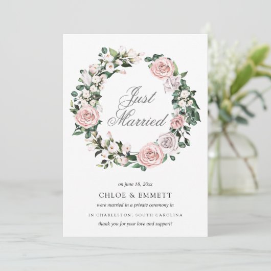 ピンクパープルホワイトフローラたった今結婚しました駆け落ち 案内状 (スタンド正面)