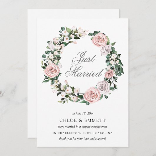 ピンクパープルホワイトフローラたった今結婚しました駆け落ち 案内状 (正面/裏面)