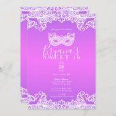 ピンクパープルホワイトレースマスカレードスウィート16パーティー 招待状 (正面/裏面)