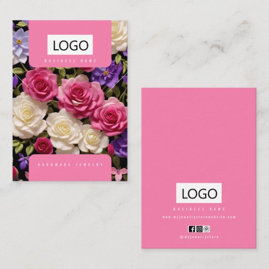 ピンクパープルホワイトローズジュエリーディスプレイカード 名刺 (正面/裏面)