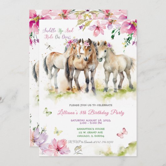 ピンクパープルホース誕生日招待状 招待状 (正面/裏面)