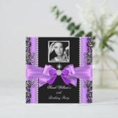 ピンクパープルボウ誕生日パーティーブラックシルバーフォト 招待状 (スタンド正面)