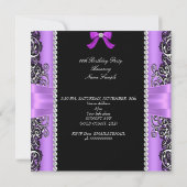 ピンクパープルボウ誕生日パーティーブラックシルバーフォト 招待状 (裏面)