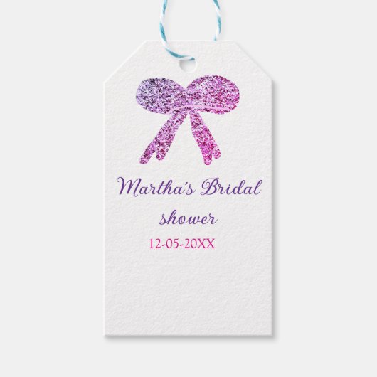 ピンクパープルボウ輝くグリッターブライダルシャワー名 ギフトタグ (正面)