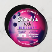 ピンクパープルボーリングボールラウンドバースデーパーティー 招待状 (正面/裏面)