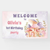 ピンクパープルマッシュルーム秋1stバースデーバナー 横断幕 (横)