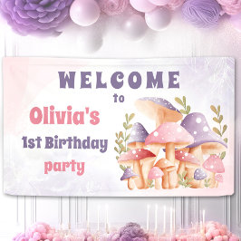 ピンクパープルマッシュルーム秋1stバースデーバナー 横断幕