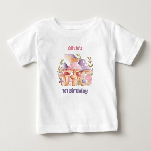 ピンクパープルマッシュルーム秋1st誕生日ベビーガール ベビーTシャツ (正面)