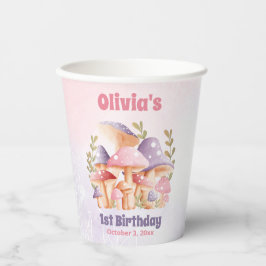 ピンクパープルマッシュルーム秋1st誕生日紙カップ 紙コップ