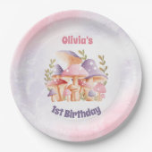 ピンクパープルマッシュルーム秋1st Birthday ペーパープレート (正面)