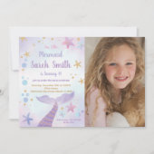 ピンクパープルマーメイドテール誕生日（写真あり） 招待状 (正面)