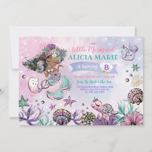 ピンクパープルミントマーメイドアンダーザシー誕生日 招待状 (正面)