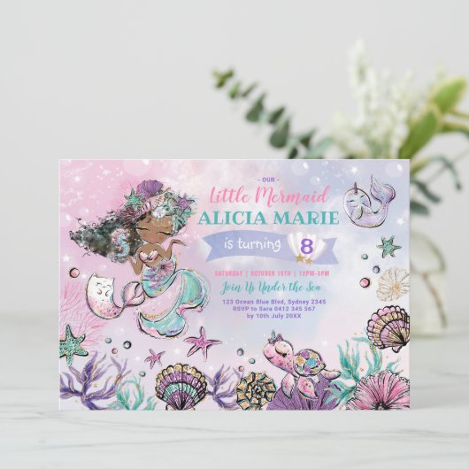 ピンクパープルミントマーメイドアンダーザシー誕生日 招待状 (スタンド正面)