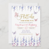 ピンクパープルメドウフローラバタフライ誕生日 招待状 (正面)