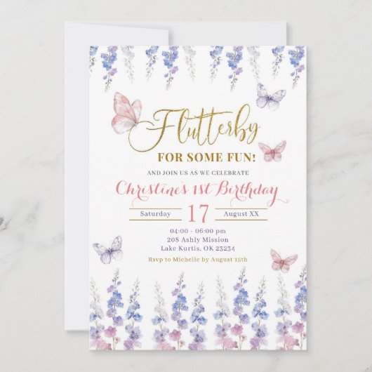 ピンクパープルメドウフローラバタフライ誕生日 招待状 (正面)