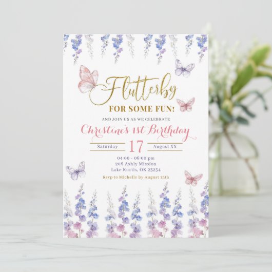 ピンクパープルメドウフローラバタフライ誕生日 招待状 (スタンド正面)
