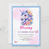 ピンクパープルユニコーンの魔法の日4th誕生日 招待状 (正面)