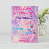 ピンクパープルユニコーンファースト誕生日招待状 招待状 (スタンド正面)