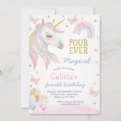 ピンクパープルユニコーン四回の魔法の4歳の誕生日 招待状 (正面)