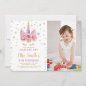 ピンクパープルユニコーン誕生日招待状w photo 招待状 (正面)