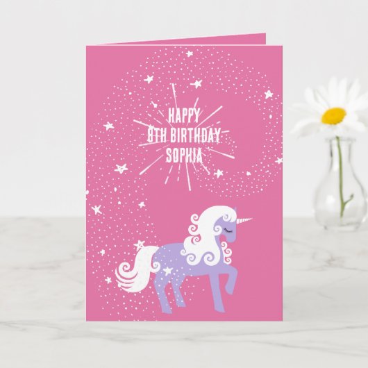 ピンクパープルユニコーン誕生日 カード (小さな植物)