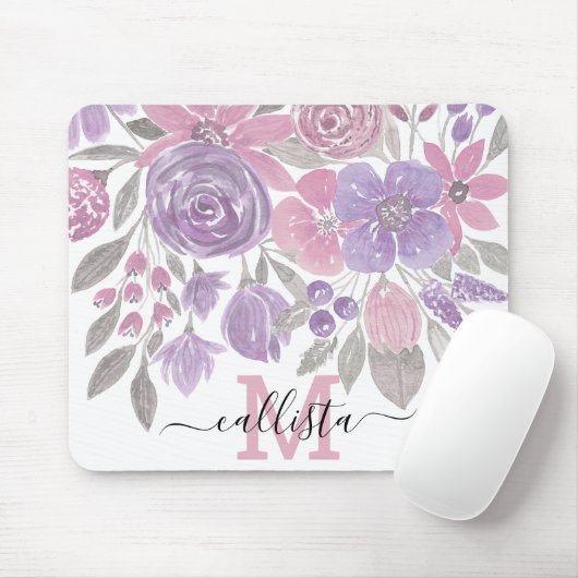 ピンクパープルライトセージグリーンフローラ水彩 マウスパッド (マウス)