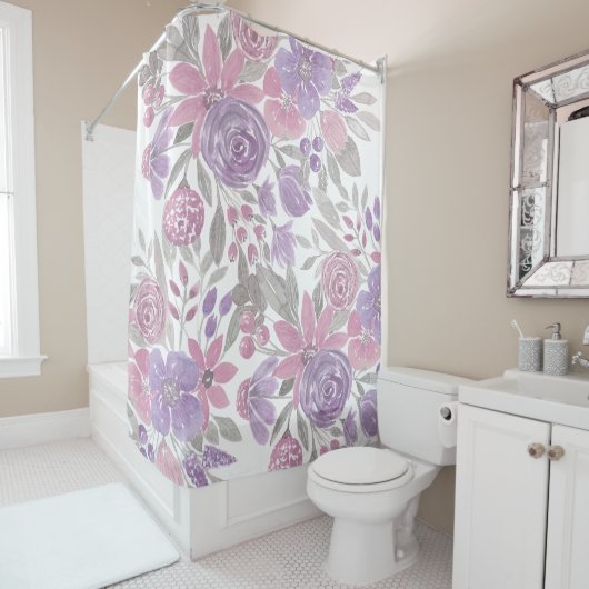ピンクパープルライトセージ緑のフローラ水彩 シャワーカーテン (インサイチュ)