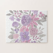 ピンクパープルライトセージ緑のフローラ水彩 ジグソーパズル (横)