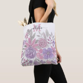 ピンクパープルライトセージ緑のフローラ水彩 トートバッグ (クローズアップ)