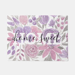 ピンクパープルライトセージ緑のフローラ水彩 ドアマット