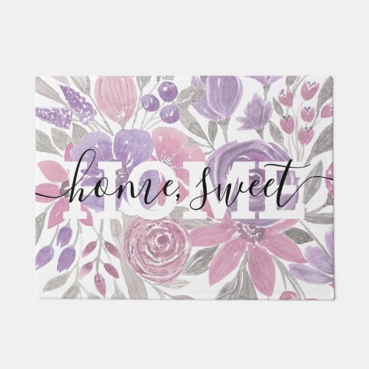 ピンクパープルライトセージ緑のフローラ水彩 ドアマット (正面)