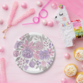 ピンクパープルライトセージ緑のフローラ水彩 ペーパープレート (パーティー)