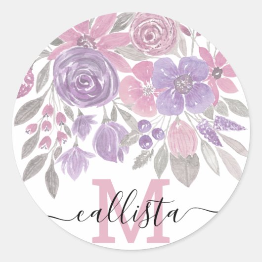 ピンクパープルライトセージ緑のフローラ水彩 ラウンドシール (正面)