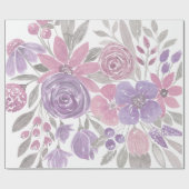 ピンクパープルライトセージ緑のフローラ水彩 ラッピングペーパー (フラット)