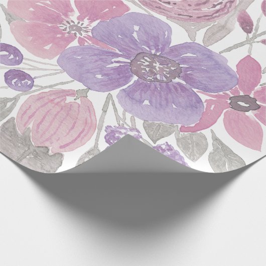 ピンクパープルライトセージ緑のフローラ水彩 ラッピングペーパー (角)