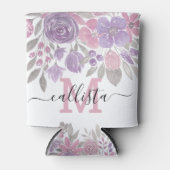 ピンクパープルライトセージ緑のフローラ水彩 缶クーラー (正面)