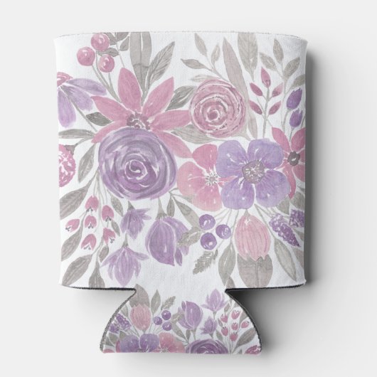ピンクパープルライトセージ緑のフローラ水彩 缶クーラー (裏面)
