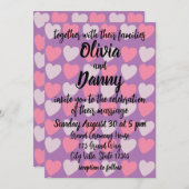 ピンクパープルラブハートパターンロマンチック結婚ズ 招待状 (正面/裏面)