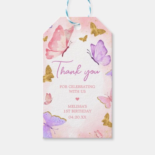 ピンクパープルリトルバタフライメッセージカード ギフトタグ (正面)