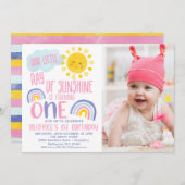 ピンクパープルリトルレイ・オブ・サンシャイン1st誕生日 招待状 (正面/裏面)