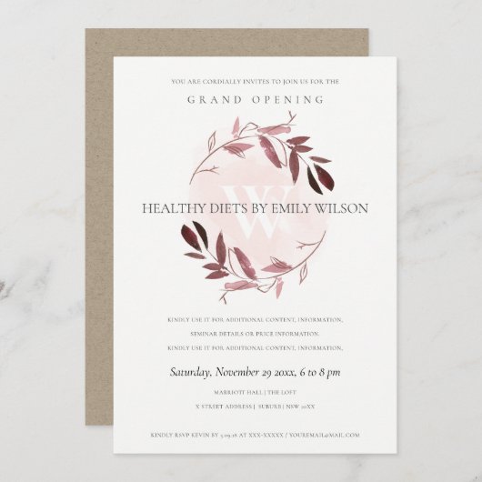 ピンクパープルリーフリースグランドオープニング招待状 サンキューカード (正面/裏面)