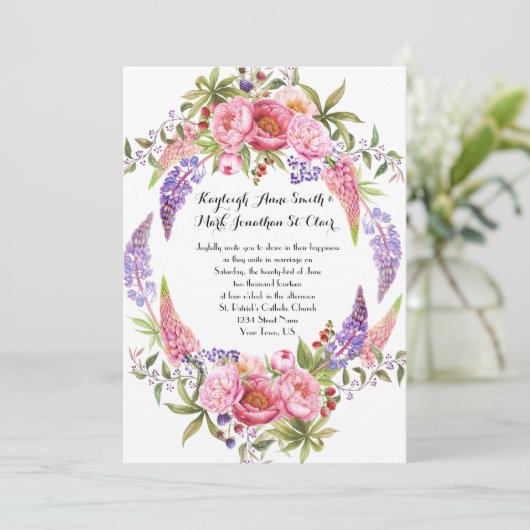 ピンクパープルルピネス牡丹の水彩結婚式 招待状 (スタンド正面)