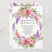 ピンクパープルルピネス牡丹の水彩結婚式 招待状 (正面/裏面)