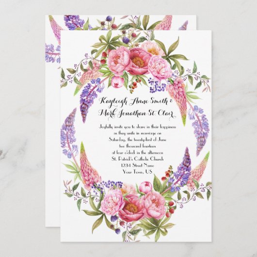 ピンクパープルルピネス牡丹の水彩結婚式 招待状 (正面/裏面)
