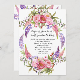 ピンクパープルルピネス牡丹の水彩結婚式 招待状