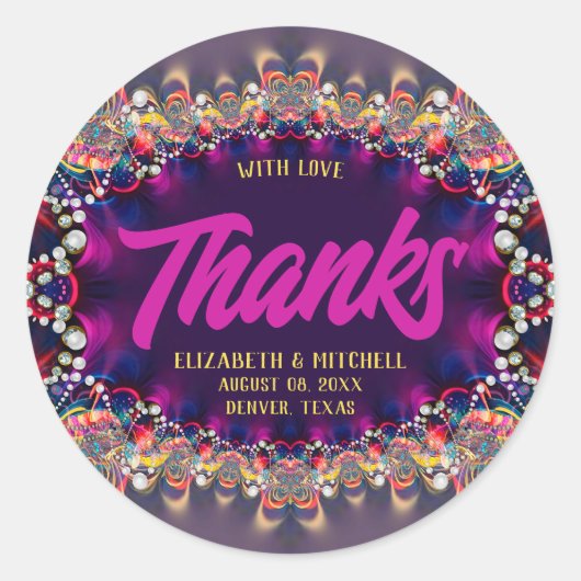 ピンクパープルレインボージュエルフラクタルレース感謝してい ラウンドシール (正面)