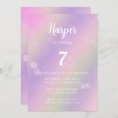 ピンクパープルレインボーフェアリーライトガールズ誕生日 招待状 (正面/裏面)