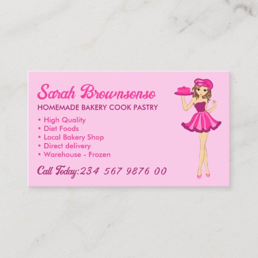 ピンクパープルレディーカートゥーンケーキ料理ベーカリー 名刺 (正面)
