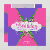 ピンクパープルレースエキゾチック誕生日パーティーの招待 招待状 (正面/裏面)
