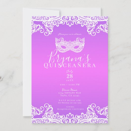 ピンクパープルレースマスカレード15thキンセアニラ 招待状 (正面)